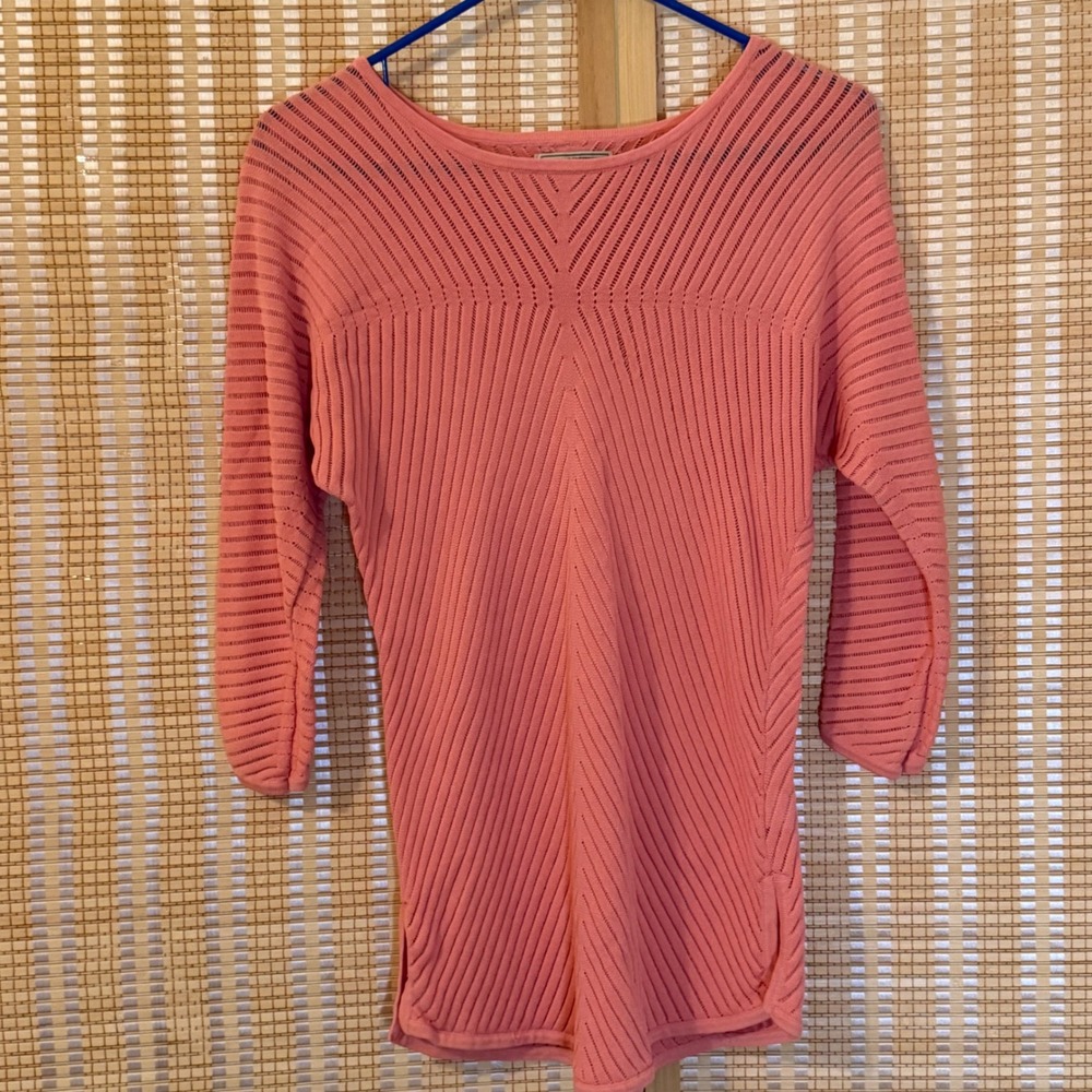 Dana Buchman Coral Pink Pointelle Ribbed Knit Top 3/4 Sleeve Boat Neck Small